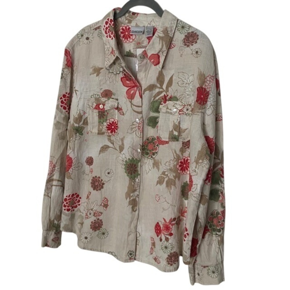 Chico's NWT Bhutan Tibet 100% Linen Top Gravel Neutral Lagenlook Boho Coastal